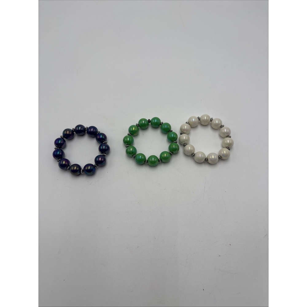 Colored Beaded Bracelets Lot Of 3 Pearl White Green Purple Stretch Bangles
